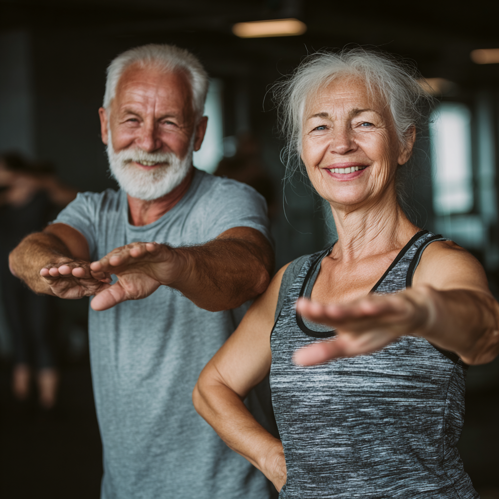 Confident elderly European man in fitness attire smiling warmly while holding exercise equipment in a modern gym setting