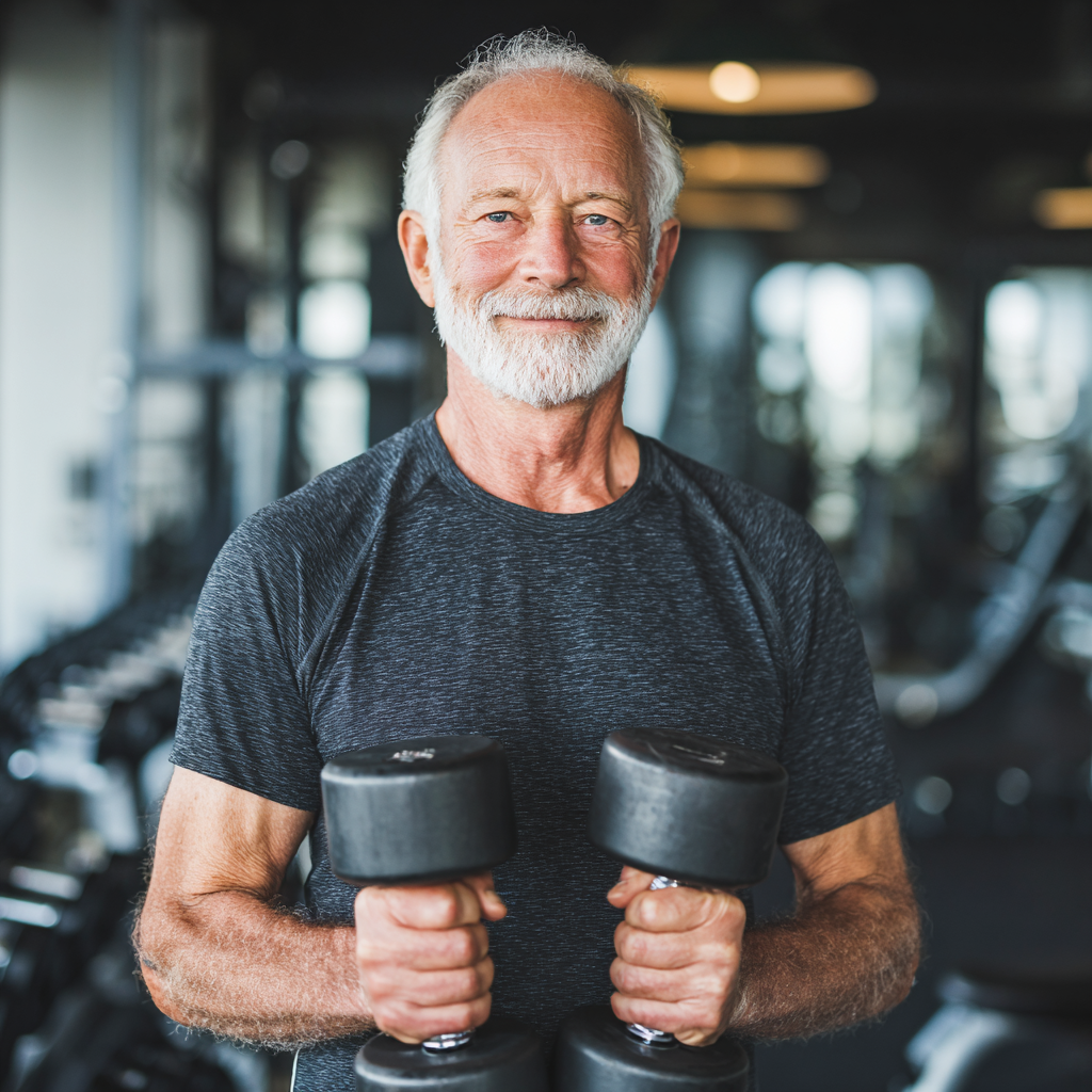 Elderly European woman with a peaceful smile performing gentle stretching exercises in a bright, modern fitness studio