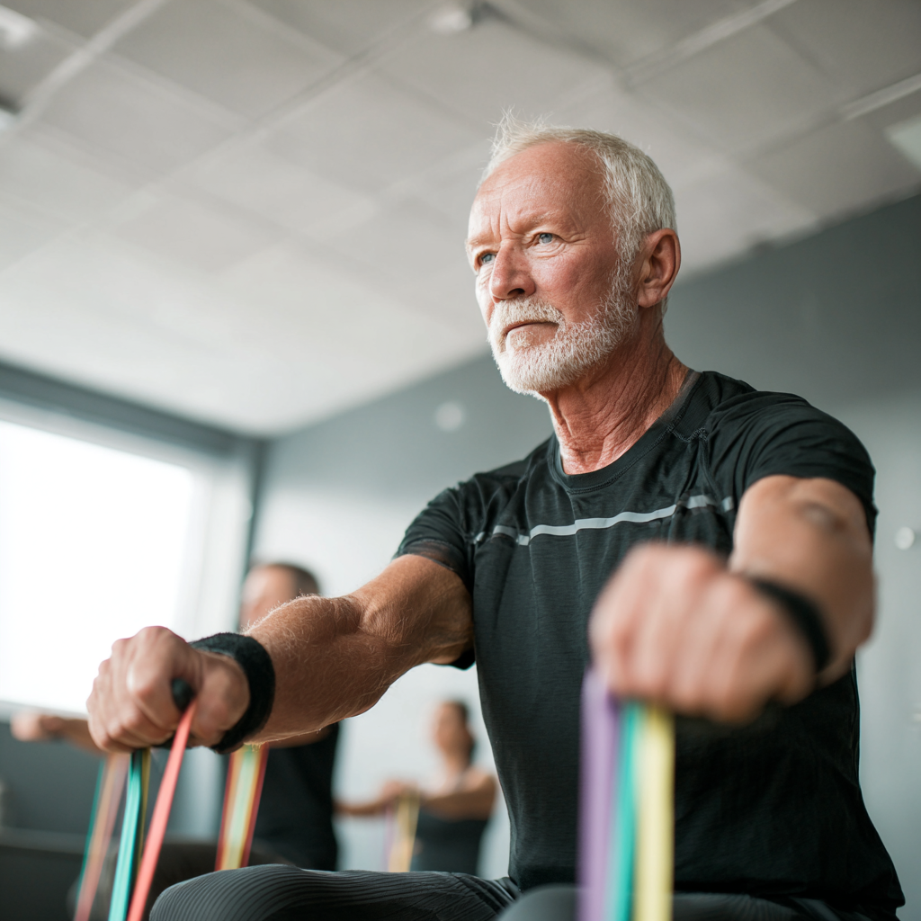 Happy elderly European couple in comfortable athletic wear doing morning exercises together on a sunny terrace with plants in background